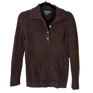 Lauren Ralph Lauren Brown Cotton Button Collar Sweater Women’s Size Medium